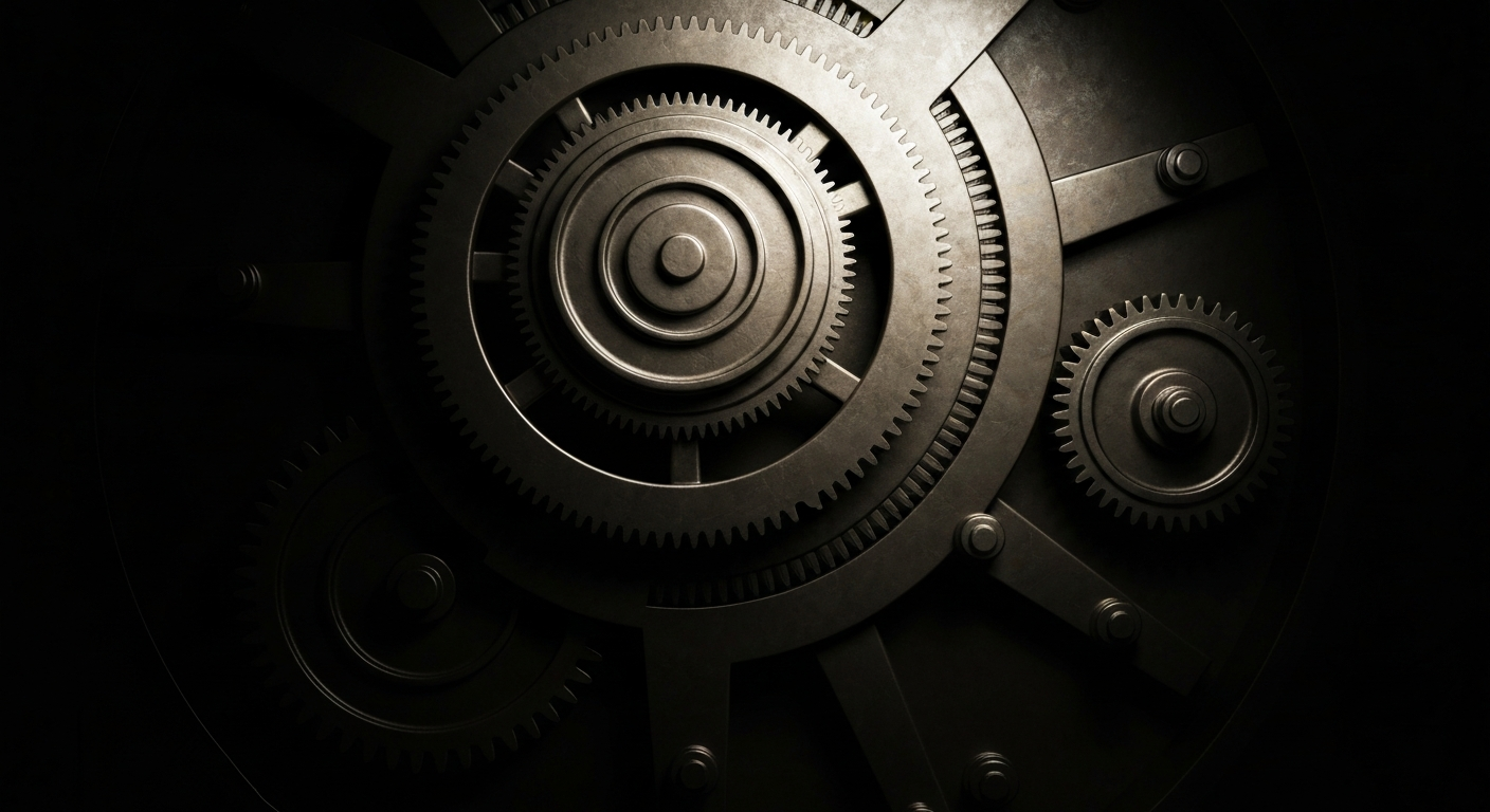 An extreme close-up of the complex, industrial mechanisms of a Federal Reserve vault, conveying the weighty financial security and institutional power of the central banking system.