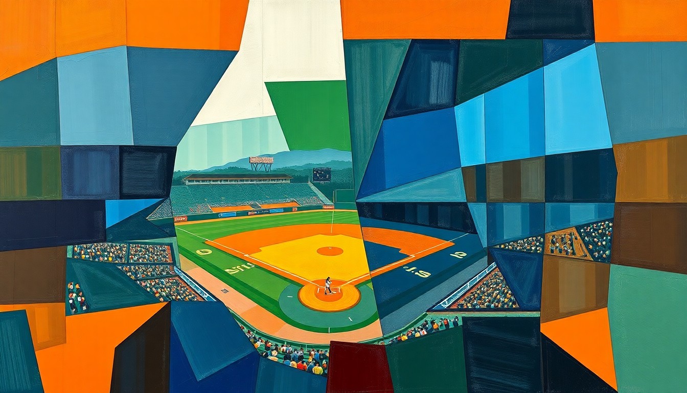 A cubist, geometric painting depicting a fractured, multi-perspective scene of a baseball game, with sharp planes of navy, green, and orange overlapping to create a dynamic, abstract composition.