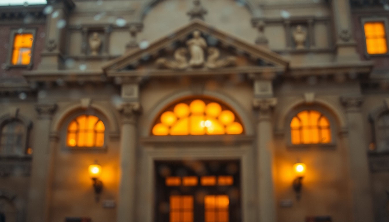 An impressionistic, blurred photograph showing the ornate architectural details of an old stone building, with the faint outline of a seal or emblem visible high up on the gable, all captured in a warm, hazy glow of light and color.