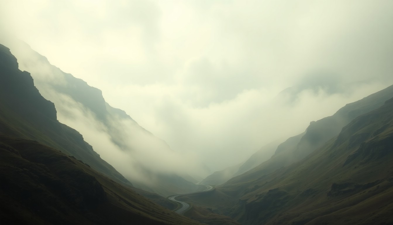 A vast, atmospheric landscape painting in muted tones of gray, blue, and green, depicting a winding highway cutting through a desolate valley shrouded in thick fog, conceptually illustrating the disruption caused by a roadway obstruction.
