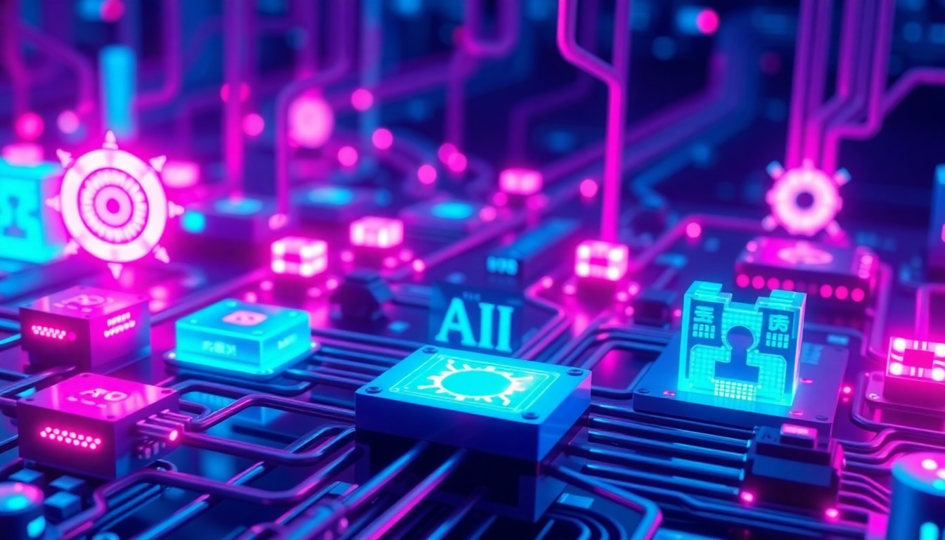 A complex, abstract illustration of glowing, interconnected digital components in shades of neon blue, purple, and magenta, conveying the advanced AI hardware powering China's technological advancements.