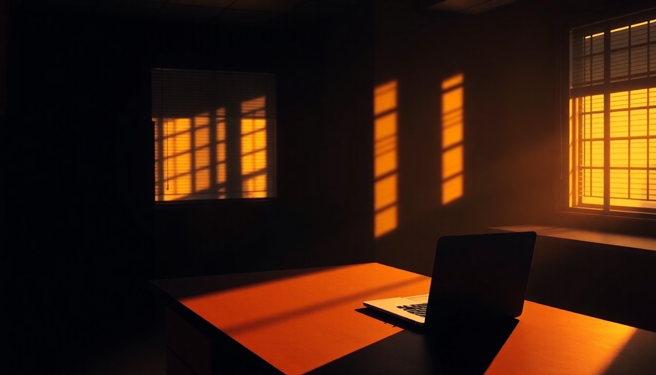 A quiet, cinematic painting of a solitary laptop computer sitting on an empty desk in a shadowy government office, the scene bathed in warm, diagonal sunlight and deep shadows, conceptually illustrating the tension between national security and civil liberties.