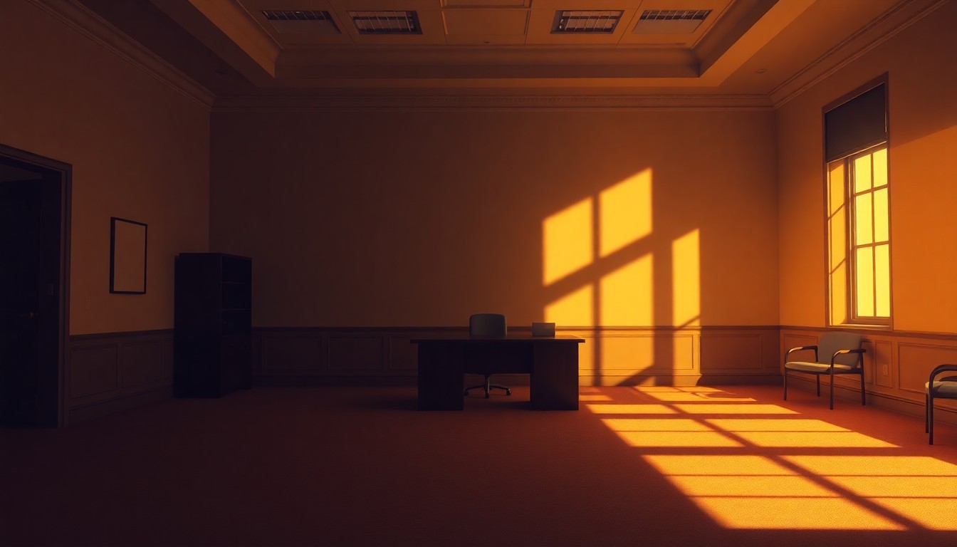 A dimly lit, cinematic painting of an empty government office space, with warm sunlight streaming through the windows and deep shadows covering the desks and chairs, conveying a sense of melancholy and the aftermath of political scandal.