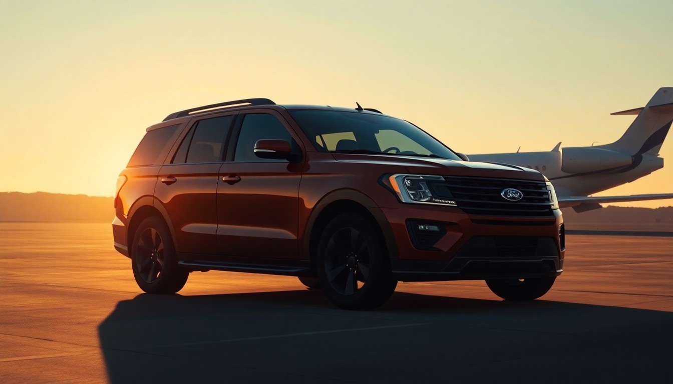 A cinematic painting of a Ford SUV parked on an airport tarmac, bathed in warm light and deep shadows, with a papal plane in the background, conceptually illustrating the pope's diplomatic influence.