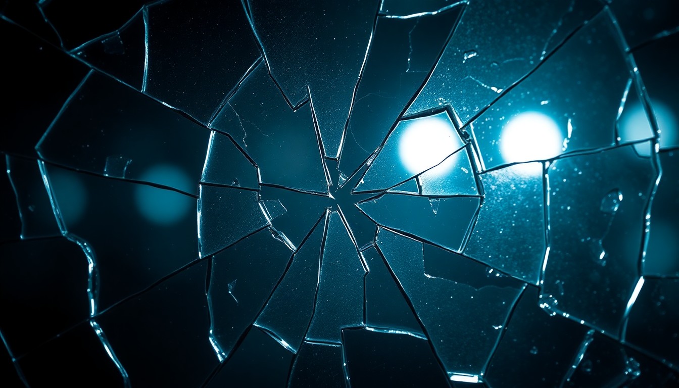 An extreme close-up photograph of a shattered glass surface reflecting a dim, moody light, conceptually representing the tense, high-stakes political thriller elements of the 'Paradise' TV series.