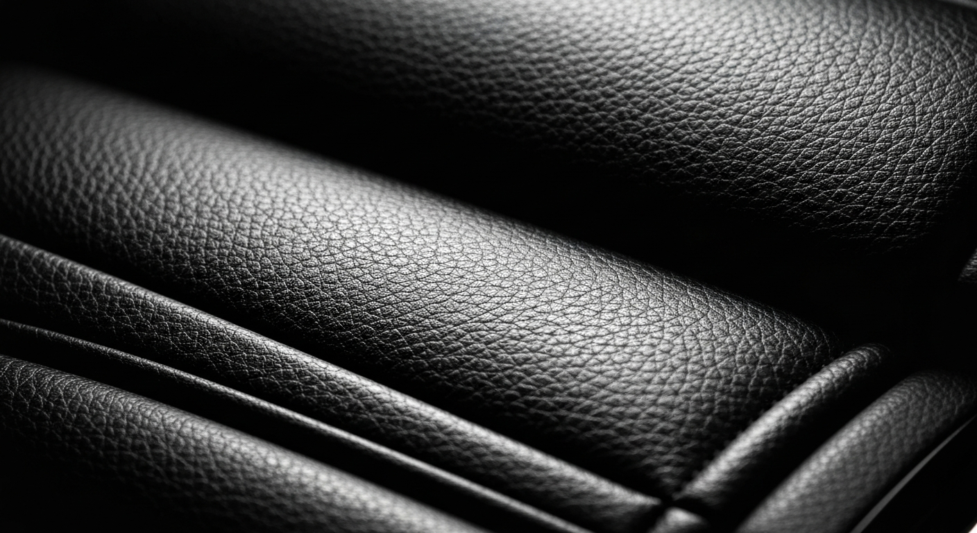 An extreme close-up of a textured, pebbled leather surface in deep burgundy and charcoal tones, conceptually representing the rich materiality and craftsmanship that will be incorporated into Ford's modernized workplace design.