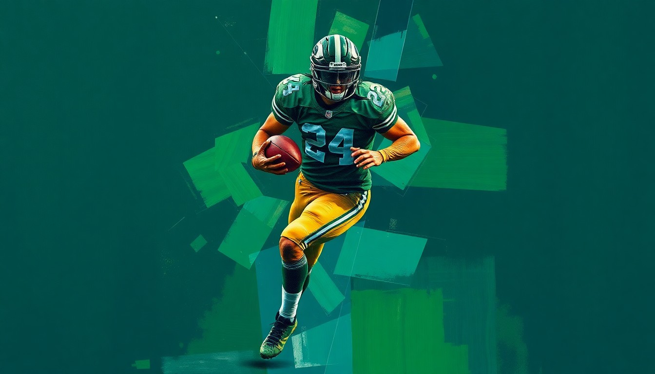 A fractured, multi-perspective painting in bold, vibrant colors depicting the silhouette and movements of a football player, conveying the dynamic athleticism and potential of the subject.
