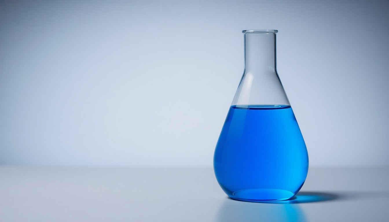 A photorealistic studio still-life photograph featuring a sleek, modern glass beaker filled with a vibrant blue liquid, symbolizing the advanced pharmaceutical research and development at Leal Therapeutics. The beaker is placed on a clean, monochromatic background, using dramatic lighting to represent the company's focus on precision and innovation.