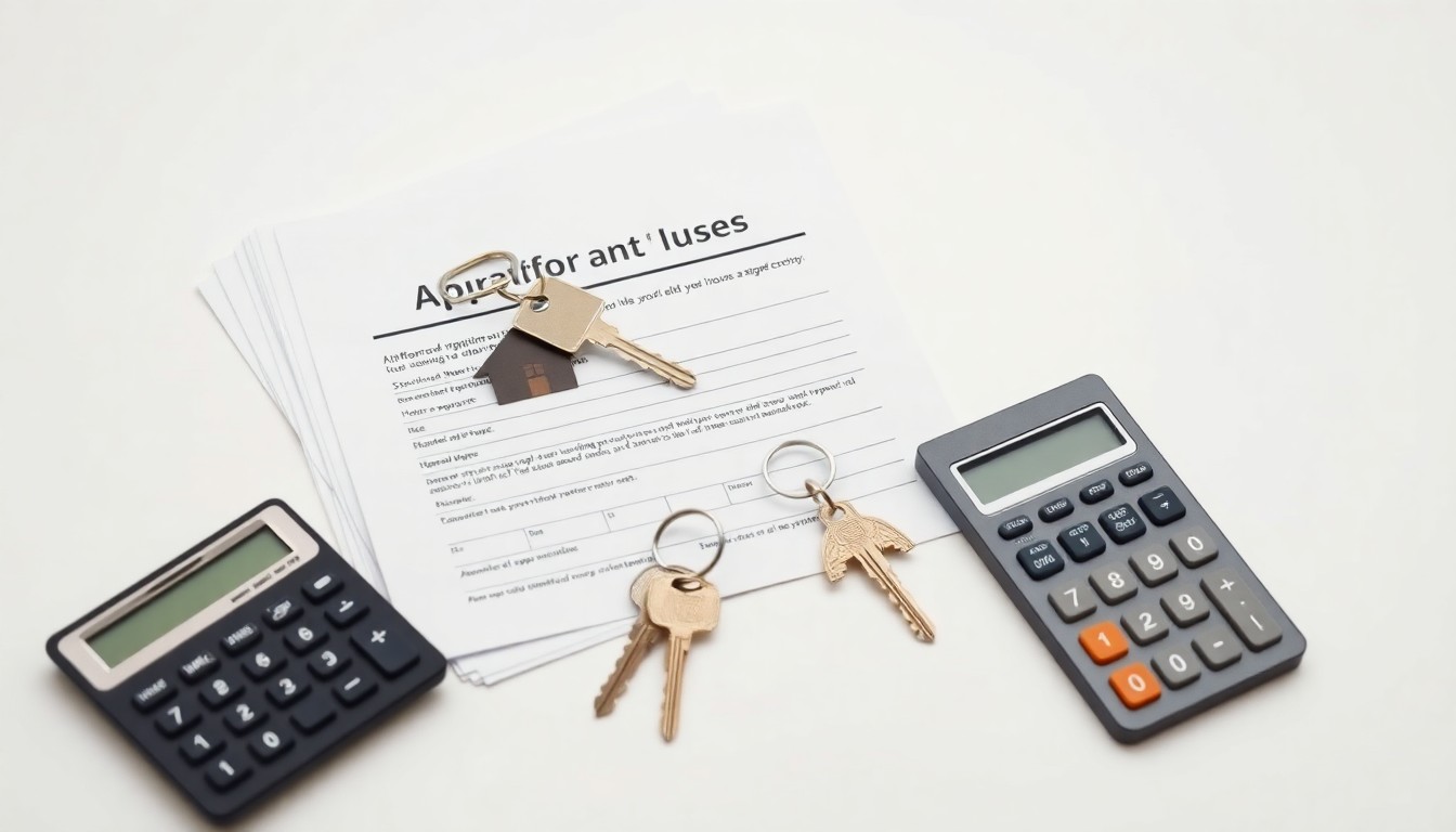 A photorealistic studio still life featuring a stack of apartment rental applications, a set of house keys, and a calculator on a clean white background, conceptually representing the challenges of affordable housing and rising rents in the Kansas City metro area.