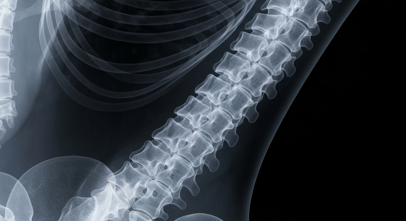 A translucent, glowing X-ray image of a human spine, highlighting the clinical, internal nature of multiple myeloma's effects on the body.