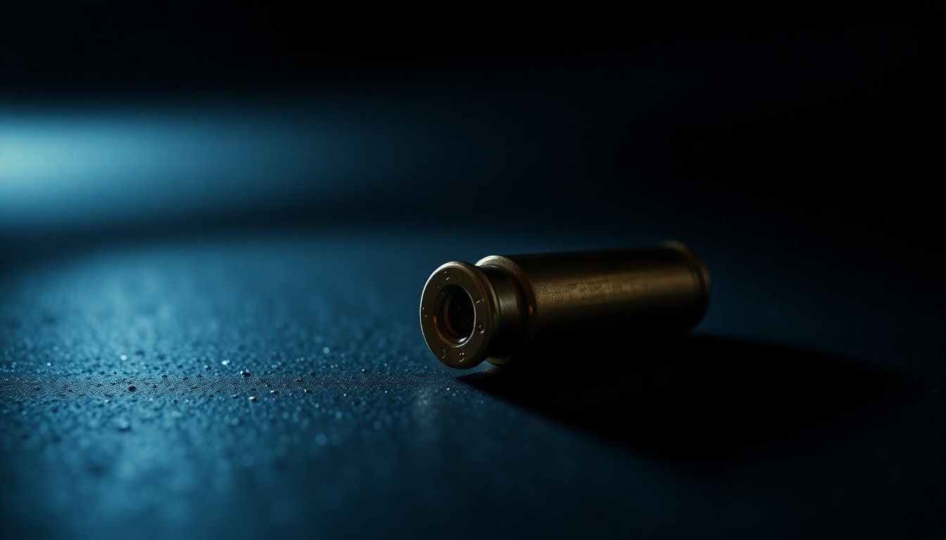 An extreme close-up photograph of a bullet casing on a dark surface, lit by a harsh, direct camera flash, conceptually illustrating the violence of a shooting incident.