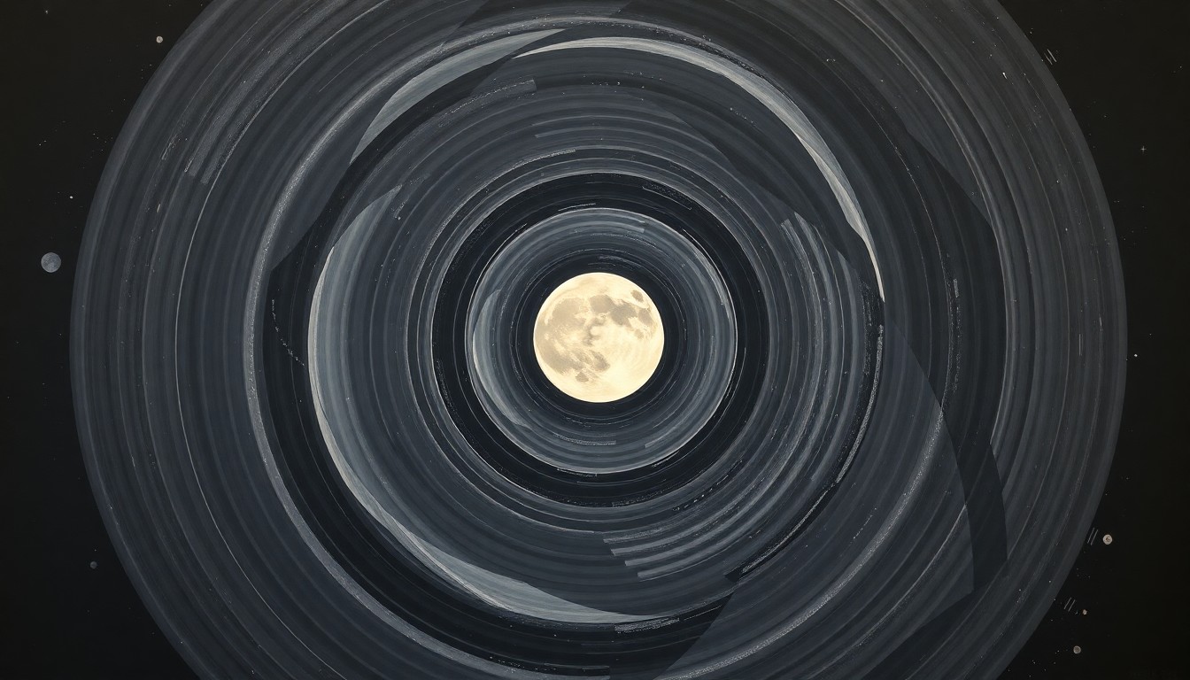 A bold, abstract painting in soft blues, greens, and grays, depicting the geometric shapes and orbital patterns of the Orion spacecraft's journey around the Moon, conveying the structural order and precision of the mission.