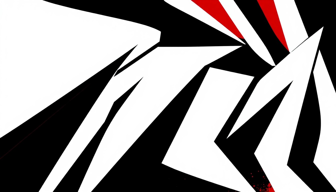 A bold, abstract composition of angular, overlapping shapes in black, white, and red, evoking the energy and dynamism of a bluegrass music performance.