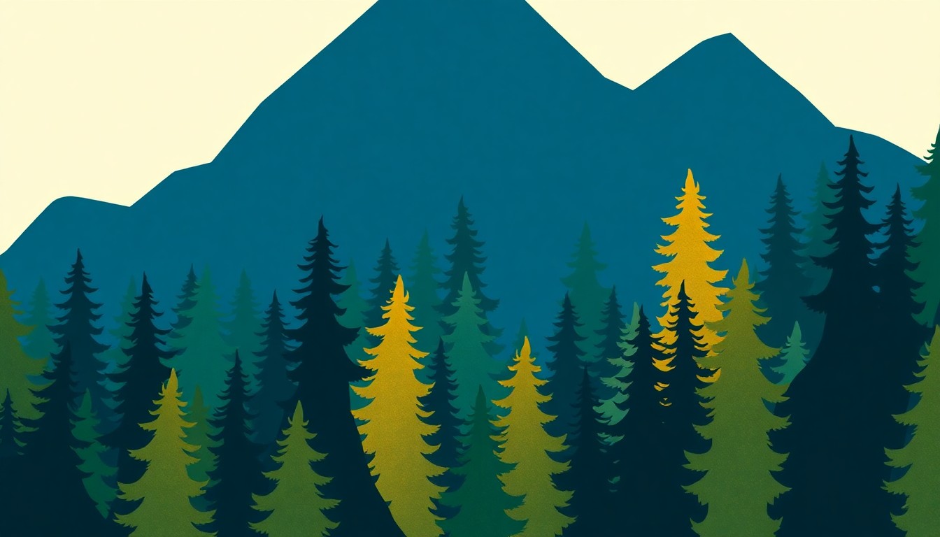 An abstract illustration composed of sharp, overlapping geometric shapes in shades of blue, green, and yellow, capturing the energy and rhythm of a bluegrass music festival.