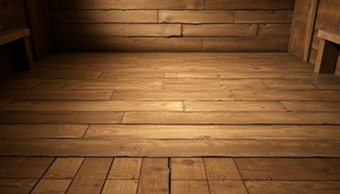 An extreme close-up of a worn, textured wooden stage floor in muted shades of brown and gray, conveying the timeless, rustic atmosphere of a historic music venue.