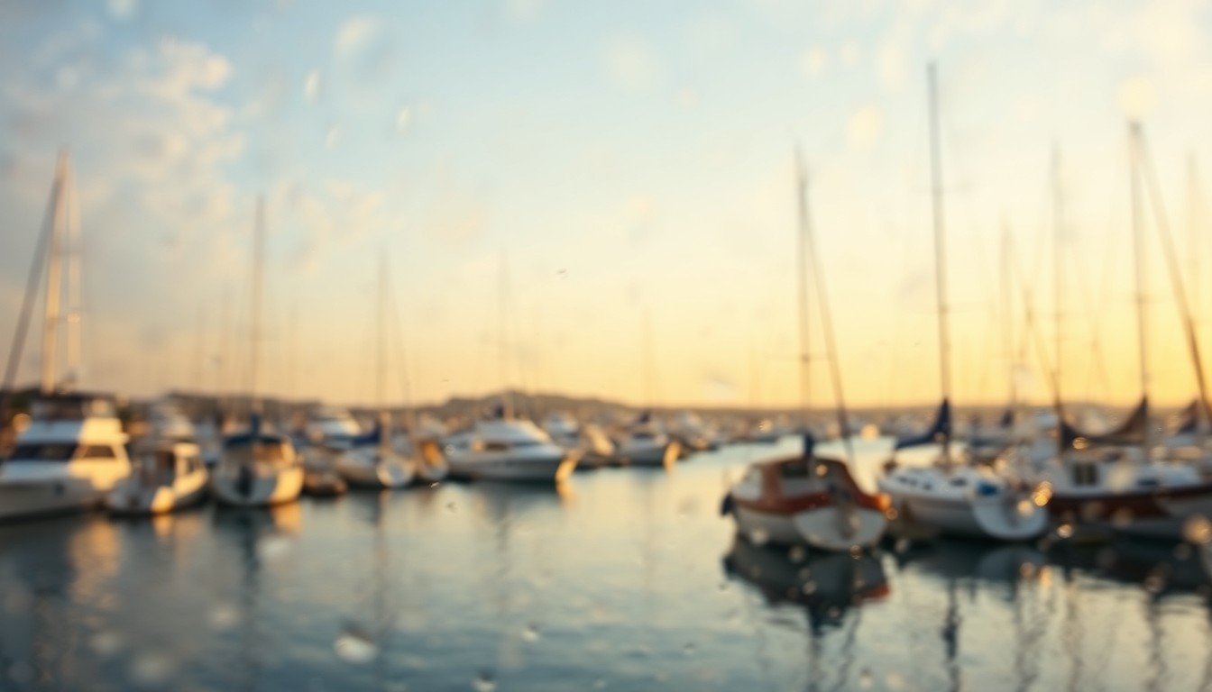 An impressionistic, out-of-focus photograph of a serene marina scene, with boats gently rocking in soft, warm light, conceptually representing the Umatilla Marina's award-winning environmental efforts.