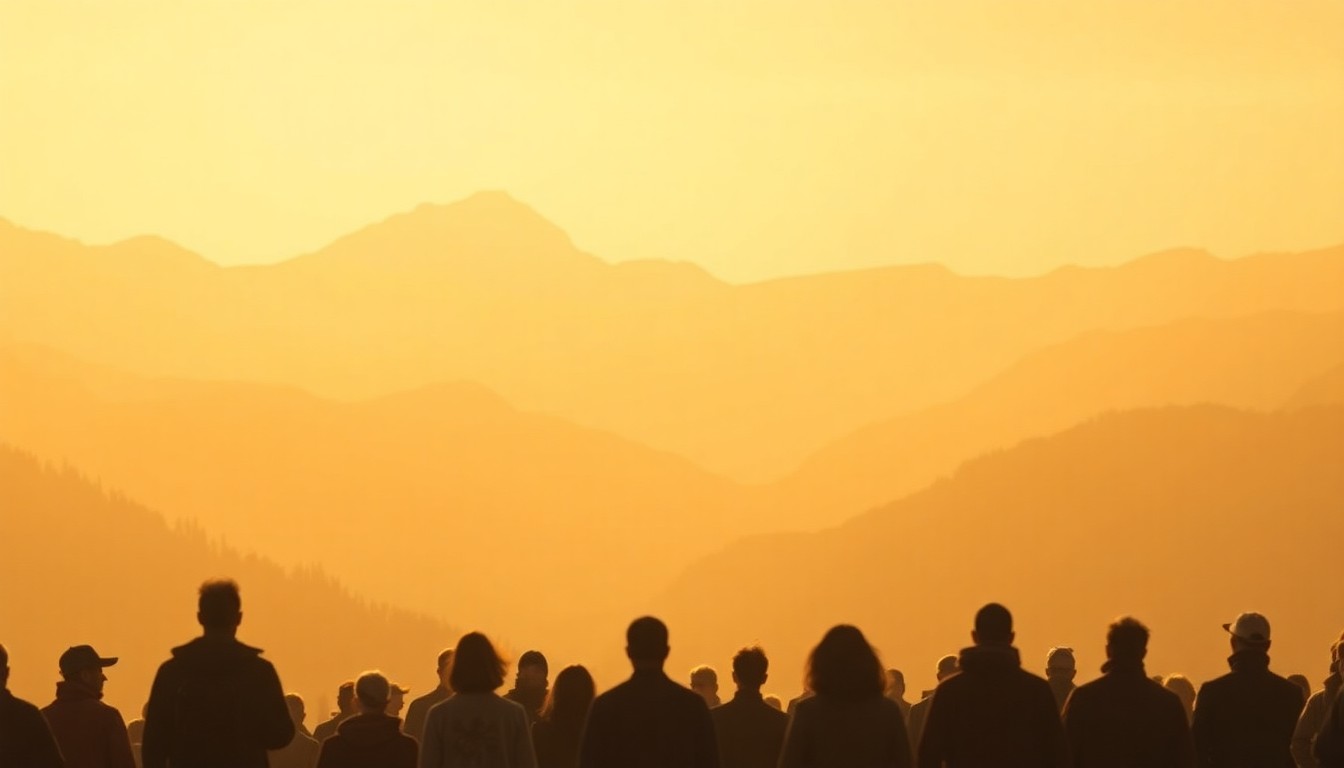An abstract, out-of-focus photograph in warm, hazy tones depicting a group of people silhouetted against the backdrop of the Telluride mountains, creating an atmospheric and dreamlike scene that evokes the spirit of the Mountainfilm festival.
