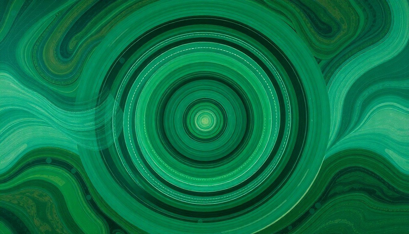 A highly textured, geometric abstract painting in earthy tones of green, brown, and blue, conceptually representing the interconnected natural systems and forces that the Environmental Quality Commission oversees.