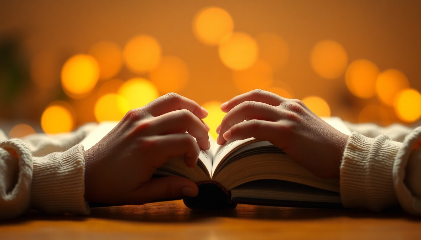 An abstract, out-of-focus photograph depicting the hands of children turning the pages of a book, with soft, warm pools of light and color in the background, capturing the intimate and immersive experience of reading.