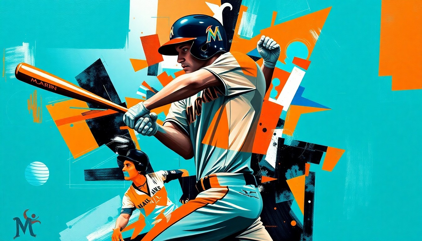 A fragmented, geometric painting depicting a baseball player's batting stance and swing, broken down into sharp, overlapping planes of vibrant teal, orange, and black colors, conceptually representing the inconsistent and uneven nature of the Marlins' offense.