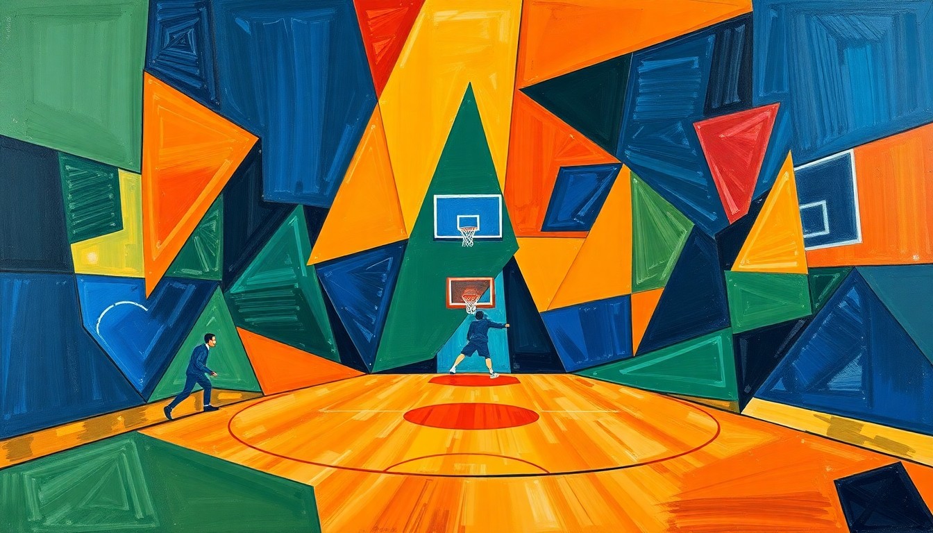 A fragmented, geometric painting in bold blues, greens, and oranges, depicting the action and movement of a basketball game or match in an abstract, deconstructed style.