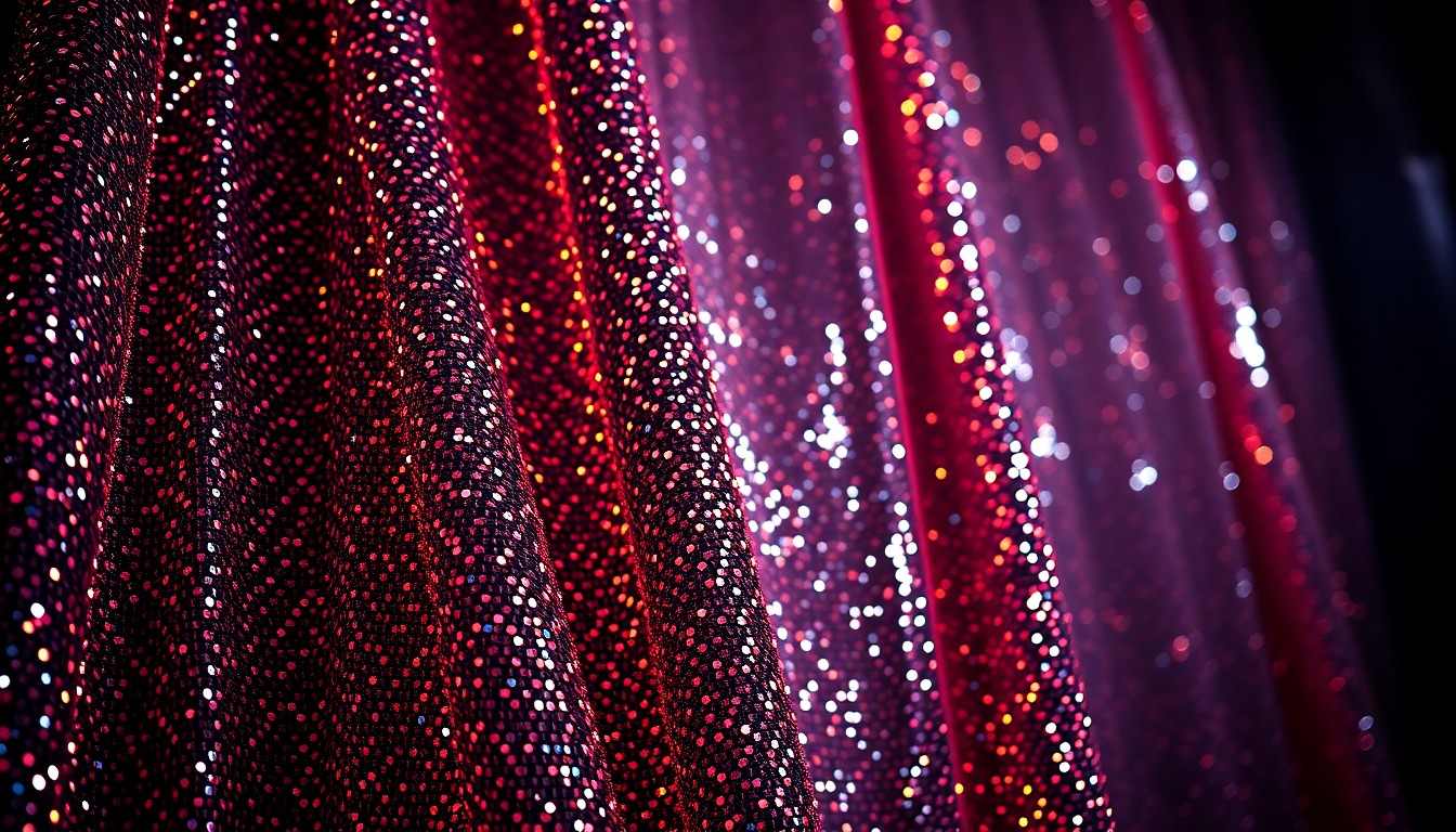 An extreme close-up of a shimmering, sequined fabric in dramatic high-contrast studio lighting, conceptually representing the glitz and glamour of a singing competition stage.