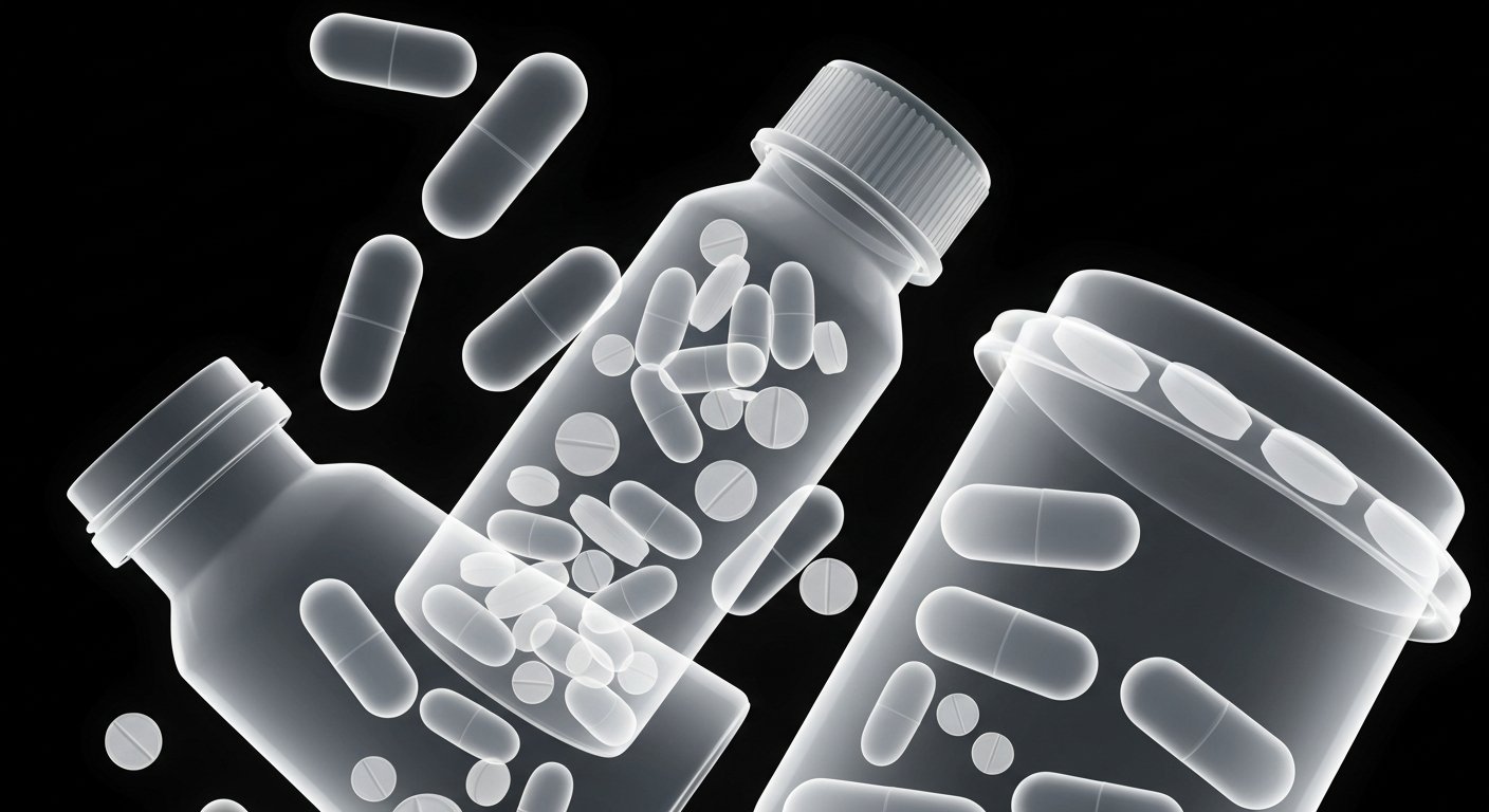 A translucent, ghostly X-ray image showing the internal structures of various prescription medication bottles and pills, conveying the importance of proper disposal to prevent misuse and environmental harm.