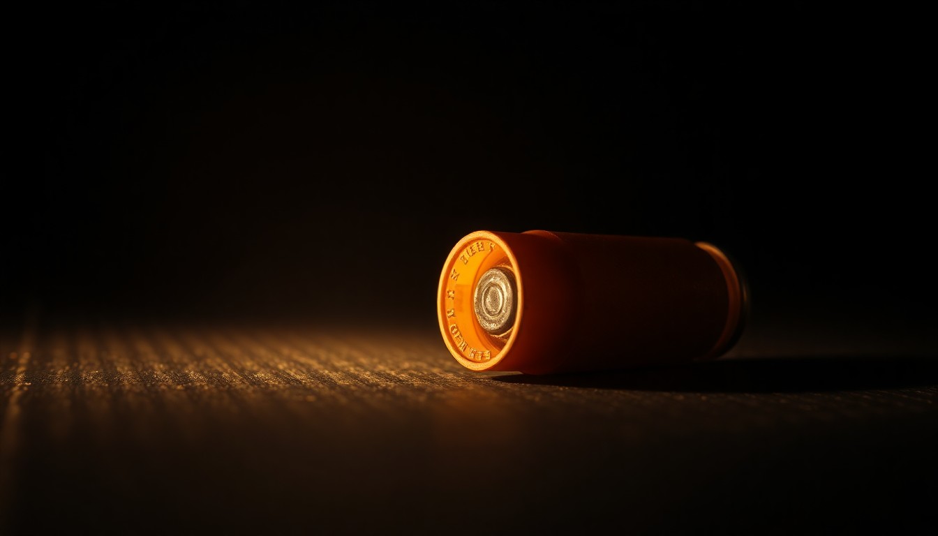 An extreme close-up of a shiny, metallic bullet casing on a rough, dark surface, creating a stark, gritty visual that conceptually represents the aftermath of a shooting incident.