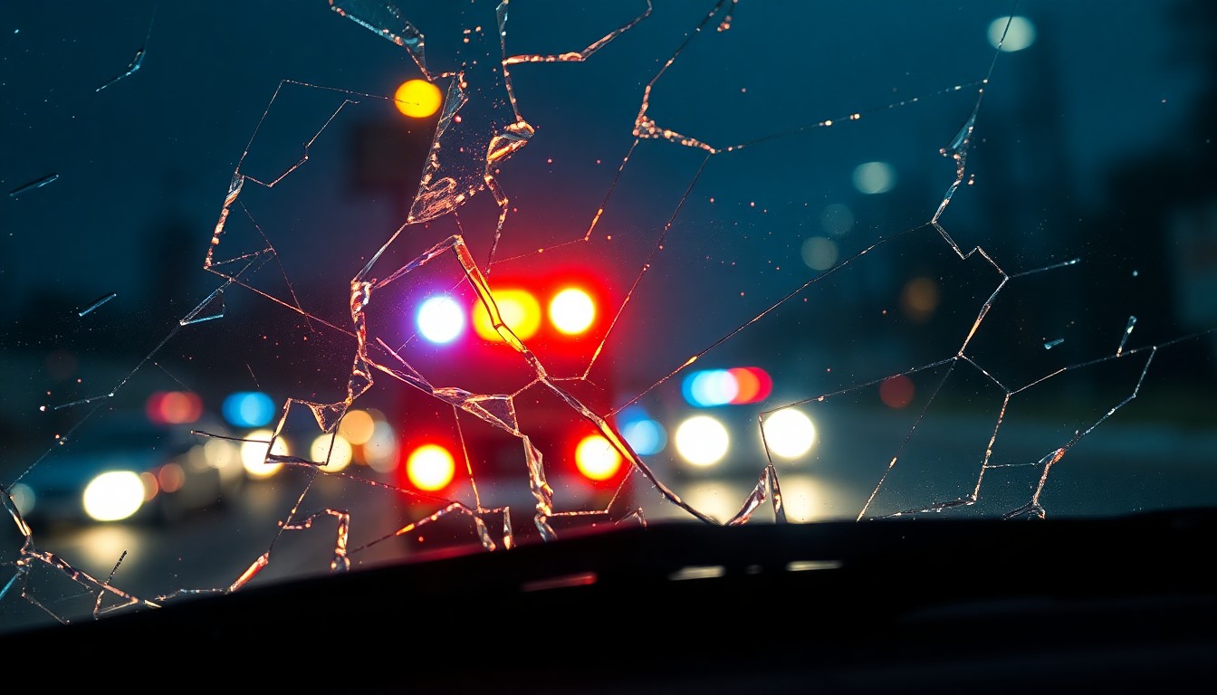 An extreme close-up photograph of a shattered car windshield reflecting the flashing lights of emergency vehicles, conveying the somber and investigative mood surrounding a tragic accident.