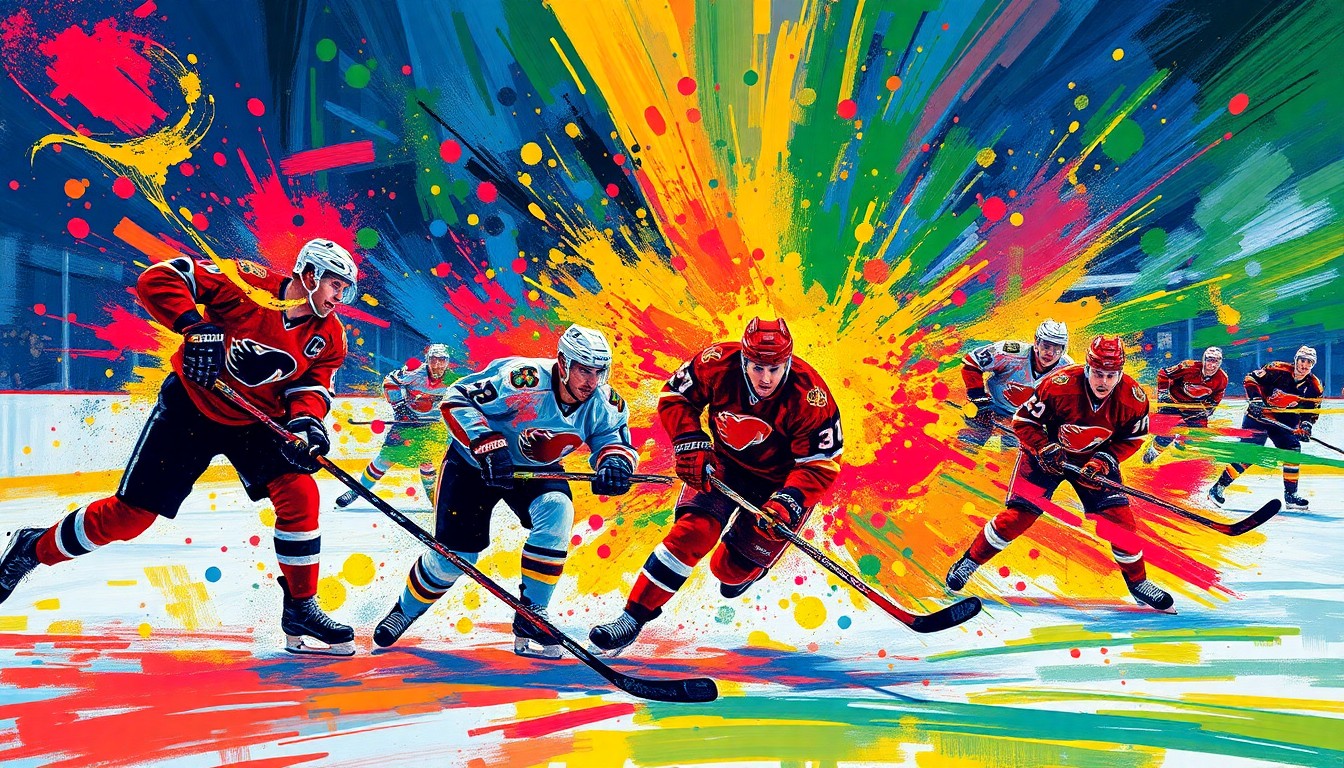 An abstract, expressionist painting in vibrant neon colors, with rapid brushstrokes capturing the raw energy and emotion of a professional hockey game, players' forms dissolving into unrecognizable splatters of paint.