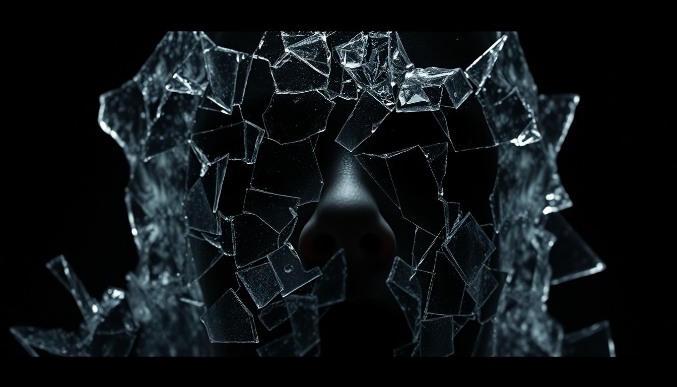 An abstract close-up image of shattered glass and cracked leather, captured in dramatic high-contrast lighting, conveying the unsettling and disturbing nature of the 'Faces of Death' film.