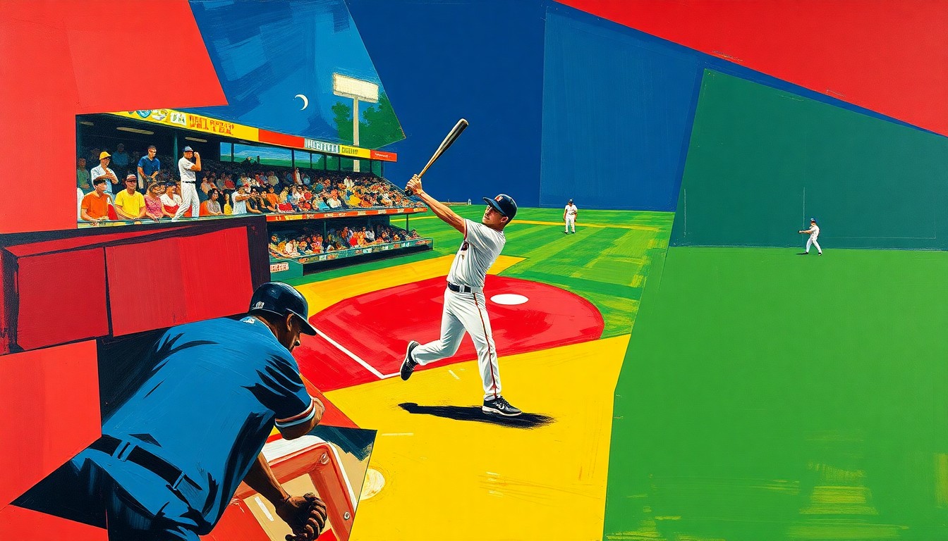 A fragmented, geometric painting in bold colors depicts the motion and energy of a baseball pitcher delivering a pitch, with the batter and field blurred into abstract shapes.