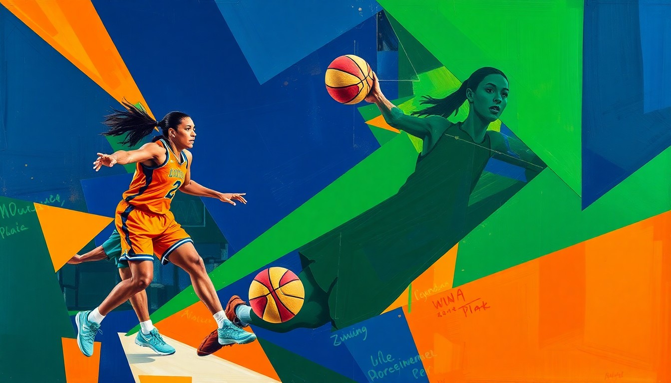 A fragmented, geometric painting in shades of blue, green, and orange, depicting the dynamic movements and energy of a basketball player on the court.