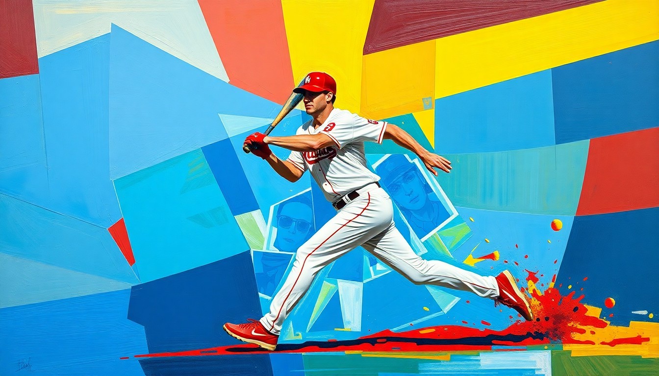 A cubist-style painting depicting a baseball infielder in motion, broken down into overlapping geometric shapes and planes in a vibrant color palette.