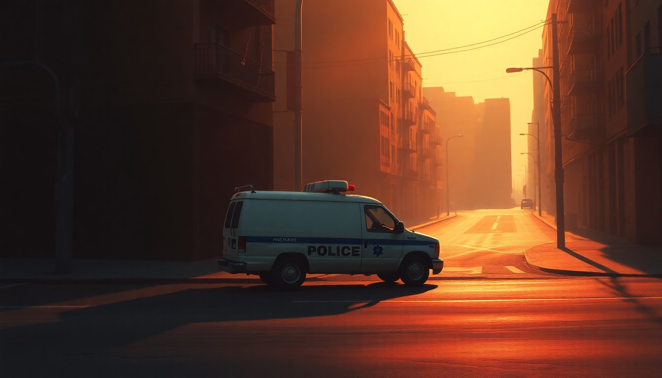 A realistic, cinematic painting of a lone, nondescript government vehicle parked on a deserted urban street, with warm, diagonal sunlight and deep shadows creating a sense of solitude and tension.
