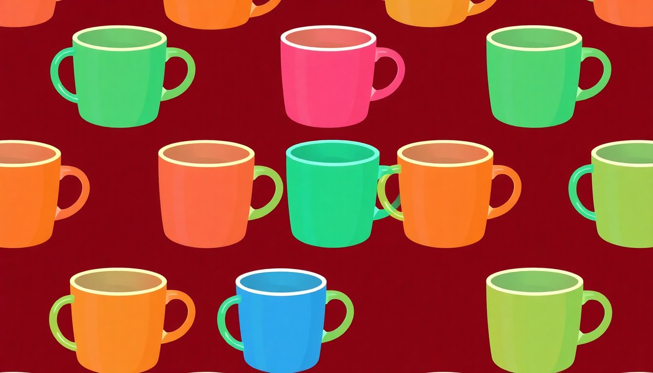 A vibrant, high-contrast silkscreen print depicting a classic diner coffee mug repeated in a grid pattern, capturing the retro charm and enduring popularity of the Tick Tock Diner.