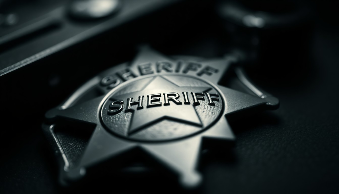 An extreme close-up photograph of a sheriff's badge, its metal surface reflecting a faint light and casting dramatic shadows, conveying a sense of solemnity and the weight of public service.
