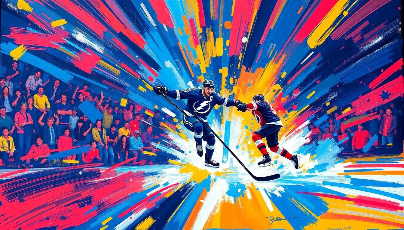 An abstract, energetic painting featuring bold, neon-colored brushstrokes that capture the intensity and movement of a hockey player scoring the game-winning goal in overtime.