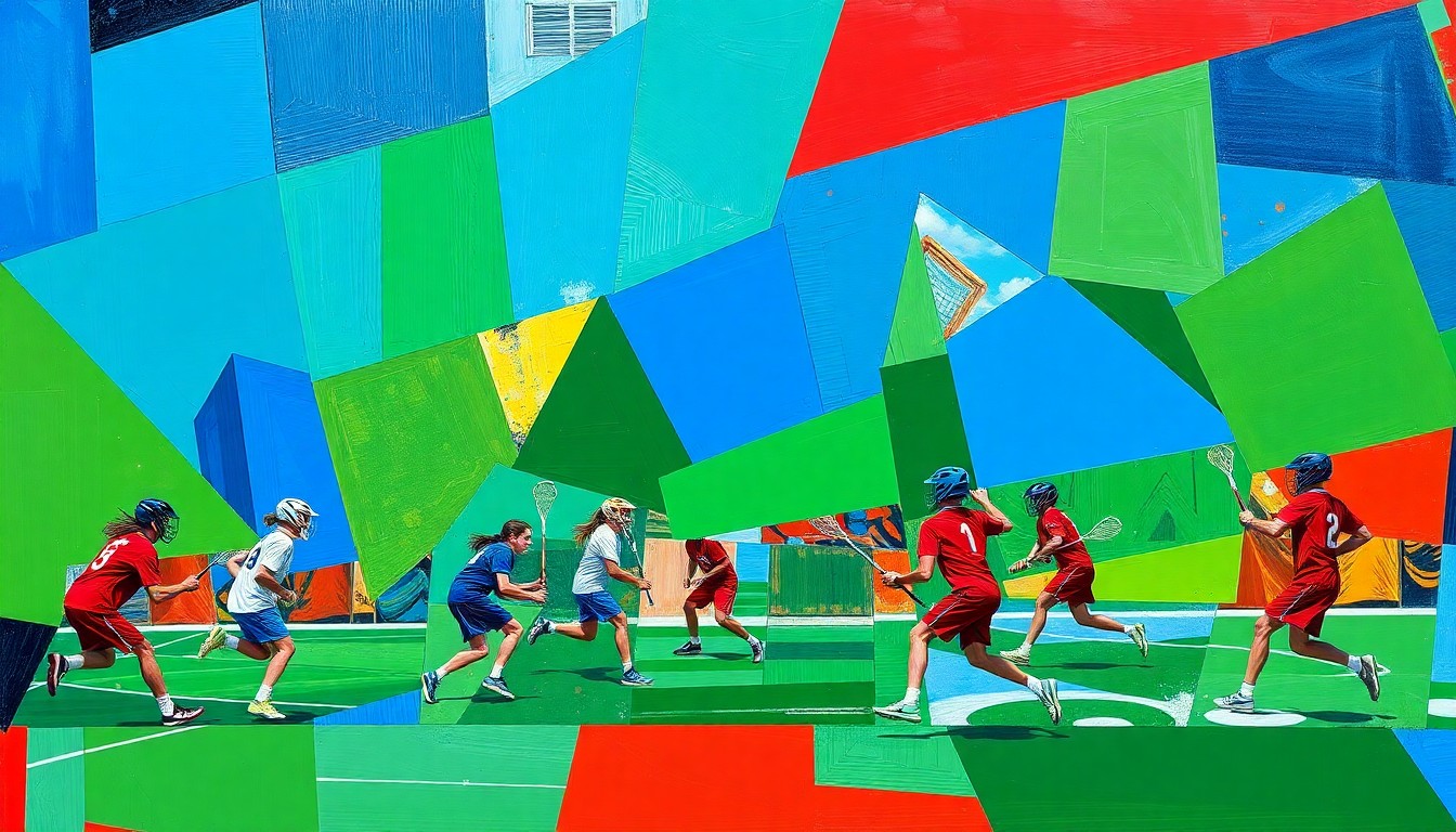 A fragmented, geometric painting depicting the dynamic movements and competing perspectives of a high school lacrosse match, rendered in bold, clashing colors.