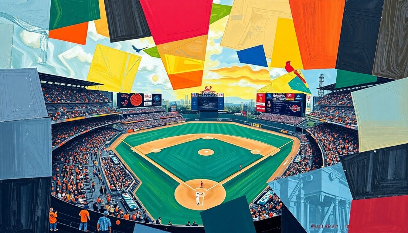 A fragmented, geometric painting depicting a baseball game in motion, with players and the field broken down into sharp, overlapping shapes and planes in a cubist style.