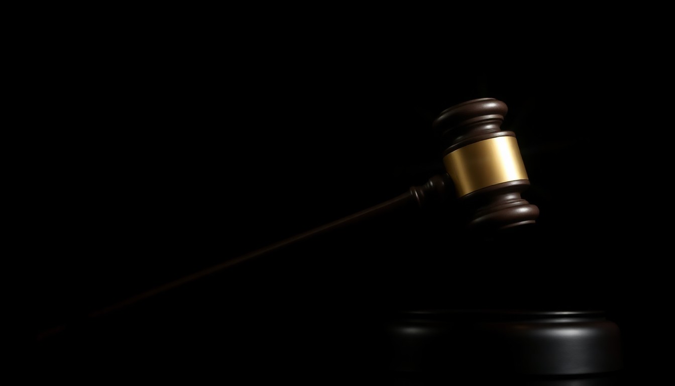 An extreme close-up of a metal courtroom gavel, its textured surface dramatically illuminated by a harsh direct flash against a pitch-black background, conveying the stark, investigative nature of a contentious legal dispute.