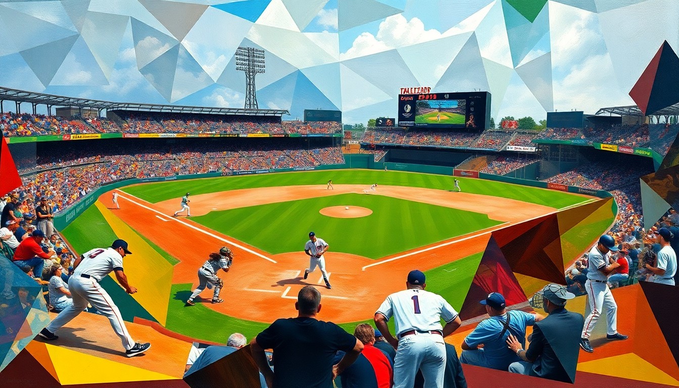 A fractured, multi-perspective painting depicting a baseball game broken down into sharp, overlapping geometric shapes and planes of color, representing the dynamic movements and energy of the players on the field.