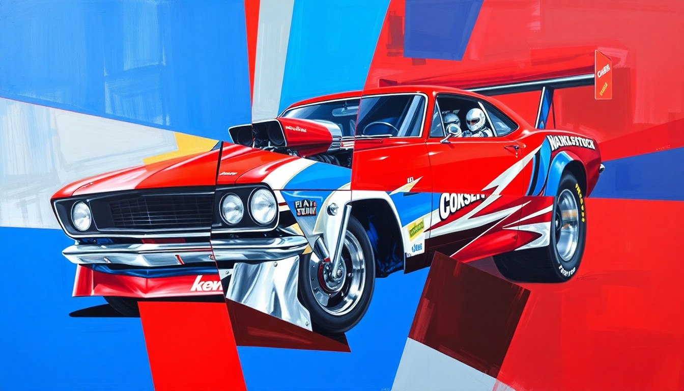 A fragmented, cubist-style painting depicting the various geometric shapes and angles of a Pro Stock drag racing car, rendered in a bold color palette of red, blue, and silver, capturing the high-energy and technical complexity of the sport.