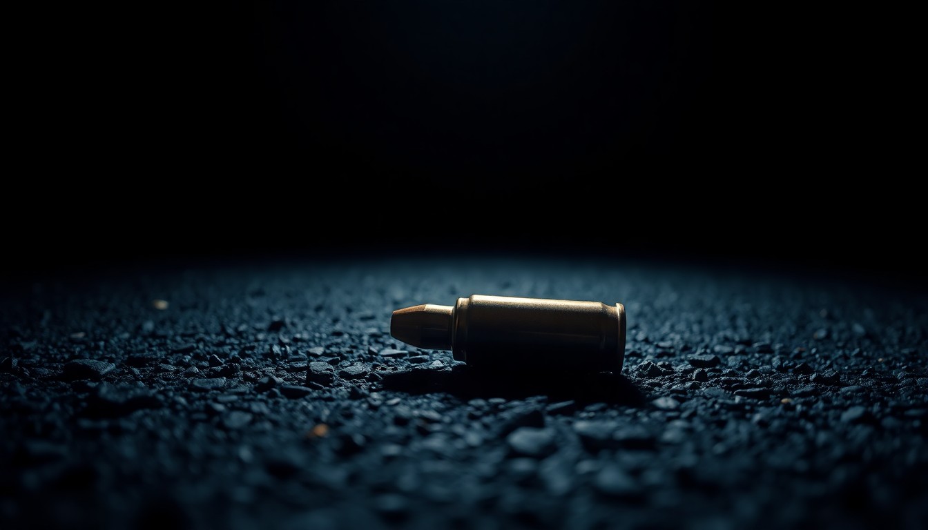 An extreme close-up of a spent bullet casing on asphalt, reflecting a harsh, direct camera flash, conceptually illustrating the violence that erupted at a Dayton food truck gathering.