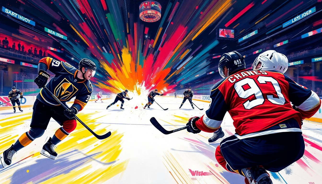 A dynamic, colorful painting featuring overlapping, energetic brushstrokes in shades of blue, red, and yellow, capturing the intensity and excitement of a professional ice hockey game.
