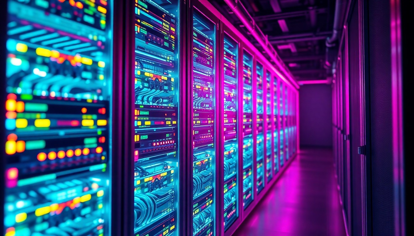 A highly detailed, glowing 3D illustration of a futuristic data center server rack, with neon cyan and magenta lights illuminating the intricate hardware components, conceptually representing the powerful yet ominous presence of AI infrastructure within a local community.