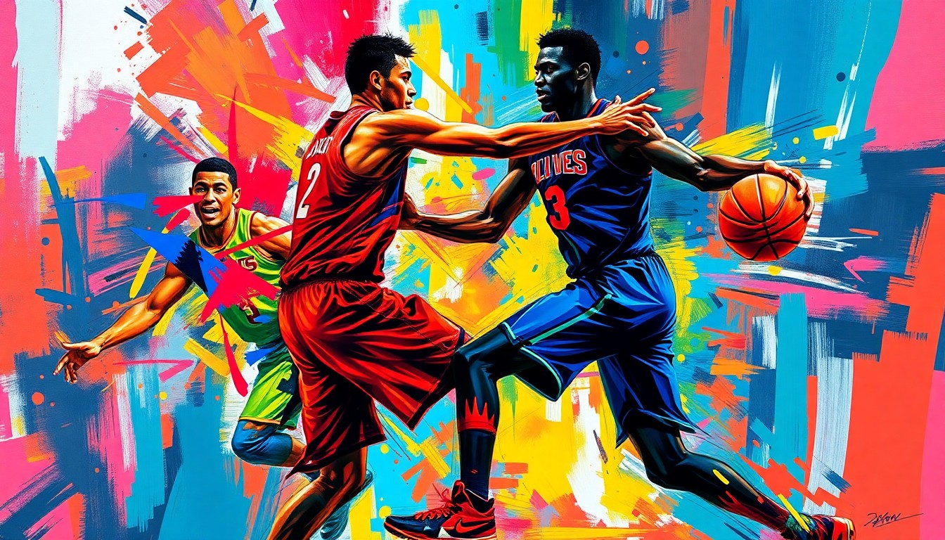 An abstract, vibrant painting using rapid brushstrokes and neon colors to depict the intense physical confrontation between two basketball players, their bodies and movements blurred into a frenetic, energetic composition.