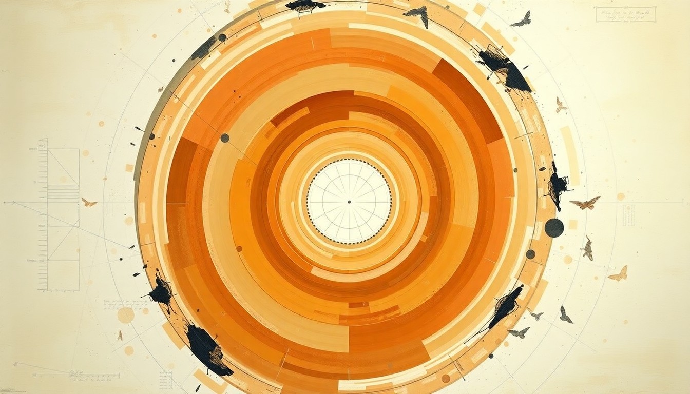 A highly structured abstract painting in soft, earthy tones featuring sweeping geometric arcs, concentric planetary circles, and precise botanical spirals, conceptually representing the scientific forces and concepts of the Artemis II mission.