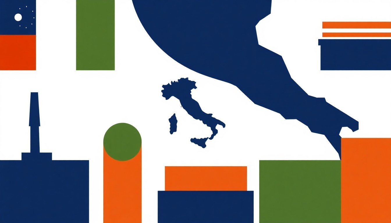 A minimalist abstract illustration featuring overlapping geometric shapes in navy blue, olive green, and burnt orange, conveying the complex and fragile nature of Italy's trade relationship with the United States.