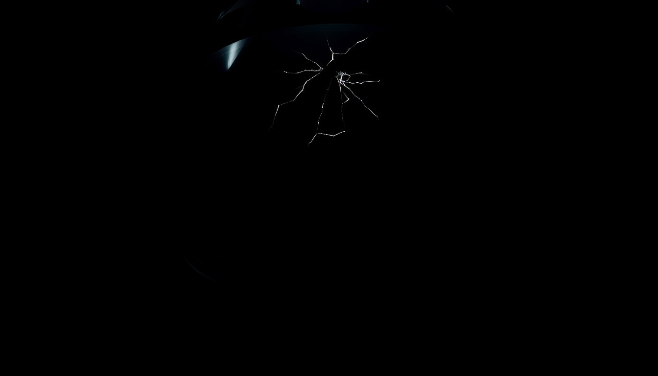 An extreme close-up of a motorcycle helmet with a cracked visor, conceptually illustrating the tragic loss of a young athlete in a fatal crash.